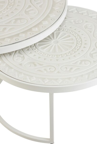Set 2 bielych kovových stolíkov s ornamentovou doskou - Ø79 * 36 cm - J-Line by Jolipa