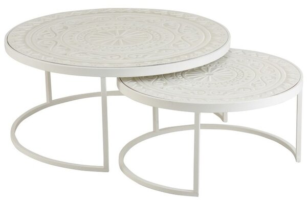 Set 2 bielych kovových stolíkov s ornamentovou doskou - Ø79 * 36 cm - J-Line by Jolipa