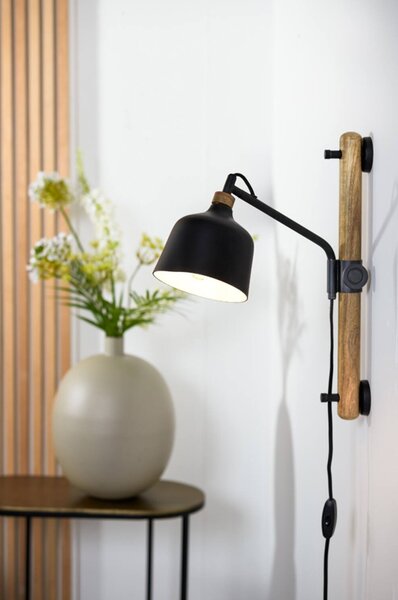 Čierna kovová nástenná lampa s drevom Banu M - 40*14*44 cm - Light & Living