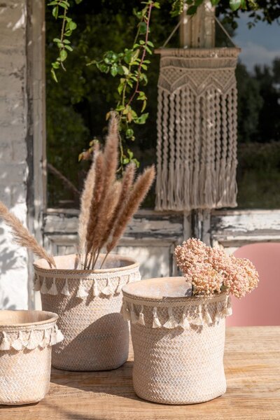Béžový cementový kvetináč so strapcami Boho S - Ø16 * 15,5 cm - J-Line by Jolipa