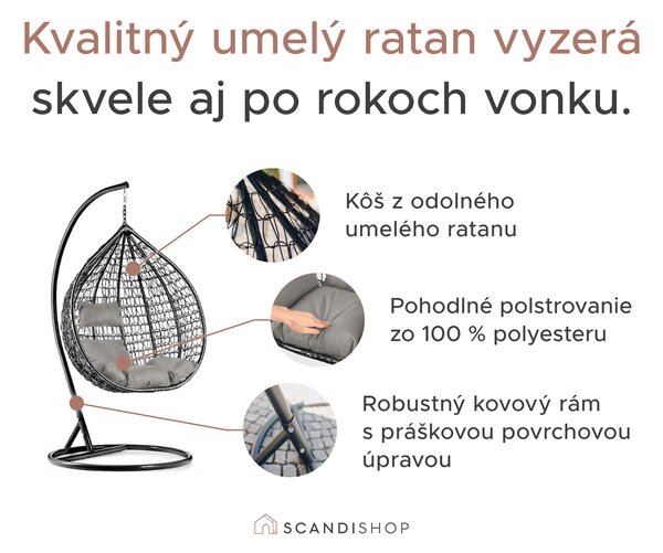 Sivé závěsné kreslo KOKON so stojanom, béžový vankúš so vzorom