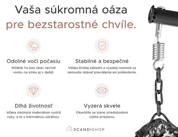 Sivé závěsné kreslo KOKON so stojanom, béžový vankúš so vzorom