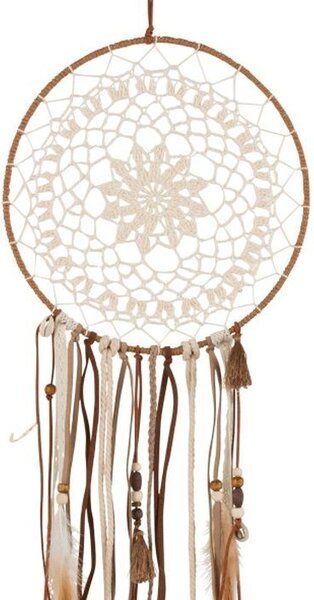 Hnedý lapač snov s korálkami a pierkami Boho - Ø 25*78cm - J-Line by Jolipa