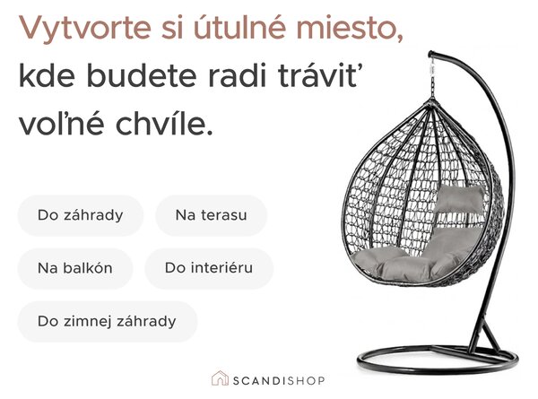 Sivé závěsné kreslo KOKON so stojanom, béžový vankúš so vzorom