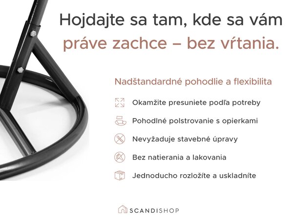 Sivé závěsné kreslo KOKON so stojanom, béžový vankúš so vzorom