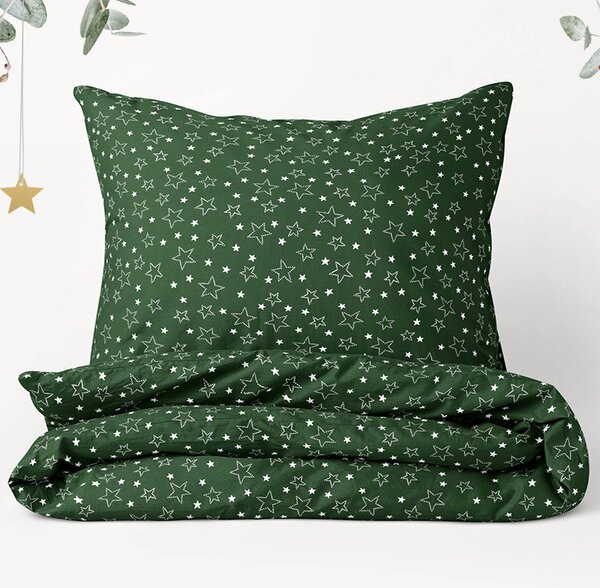 Goldea vianočné bavlnené posteľné obliečky - vzor x-29 biele hviezdičky na zelenom 140 x 220 a 70 x 90 cm