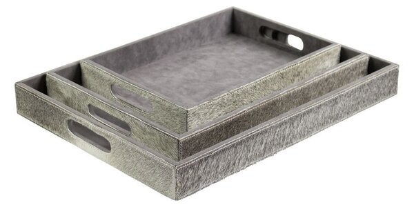 Sada 3ks servírovacie podnosy s hovädzou kožou šedá - 46 * 36,5 * 5cm / 40,5 * 30,5 * 5cm / 33,5 * 24,5 * 5cm - Mars & More