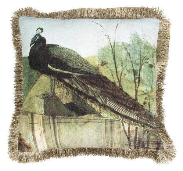 Zamatový vankúš s pávom a zlatými strapcami - 45 * 45 * 10cm - Mars & More