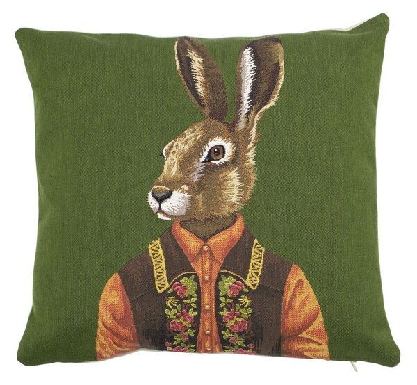 Zelený gobelínový vankúš sa zajacom vo veste - 45 * 15 * 45cm - Mars & More