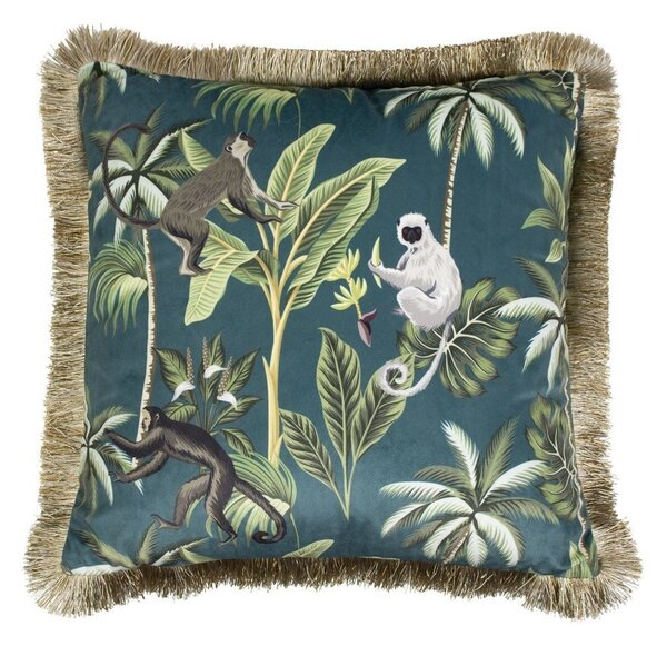 Petrolejový zamatový vankúš s strapcami Jungle - 45 * 45 * 10cm - Mars & More