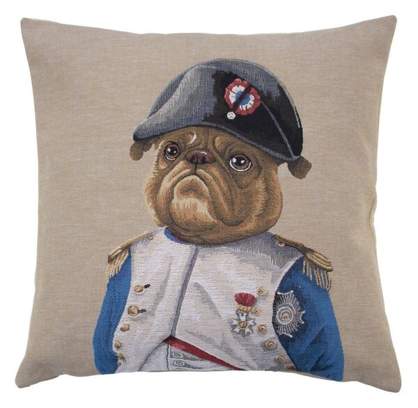 Béžový gobelínový vankúš s motívom buldočka v napoleonskej uniforme - 45 * 15 * 45cm - Mars & More