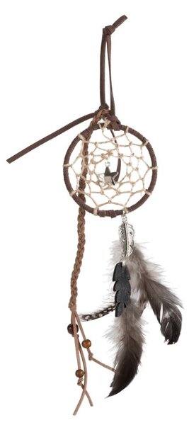 Hnedý lapač snov s korálkami a pierkami Feathers - Ø 8 * 35cm - J-Line by Jolipa