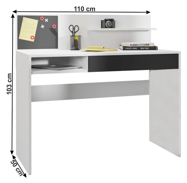 KONDELA PC stôl s magnetickou tabuľou, biela/čierna, IMAN