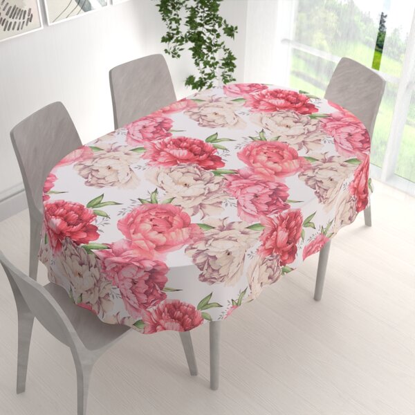 Biante Bavlnený oválny obrus Sandra SA-746 Veľké ružovo-béžové pivonky na bielom 50x100 cm