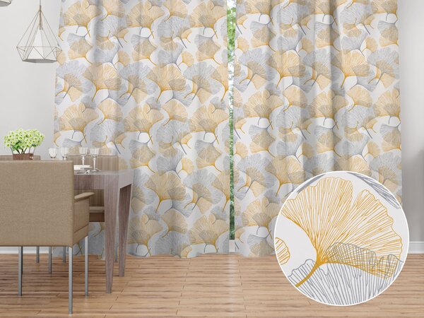 Biante Bavlnený záves Sandra SA-745 Sivo-horčicové ginkgo listy na bielom 150x140 cm