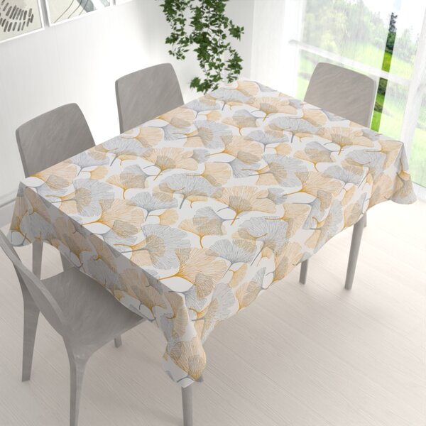 Biante Bavlnený obdĺžnikový obrus Sandra SA-745 Sivo-horčicové ginkgo listy na bielom 50x100 cm