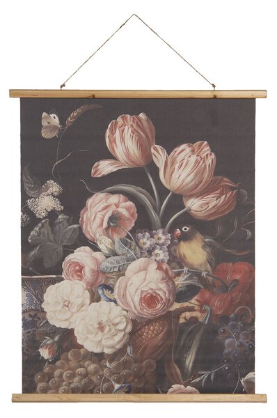 Závesný textilný obraz kvetinové zátišie s vtáčikom v retro štýle - 80*2*100 cm - Clayre & Eef