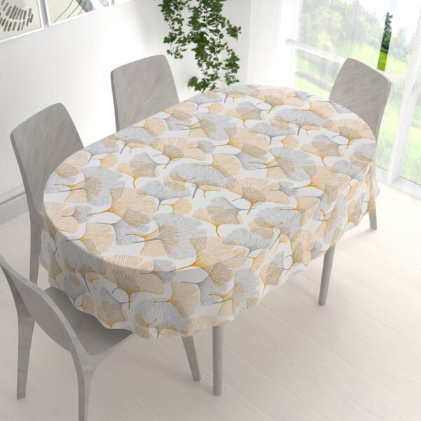 Biante Bavlnený oválny obrus Sandra SA-745 Sivo-horčicové ginkgo listy na bielom 50x100 cm