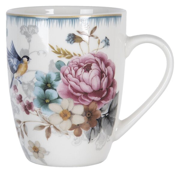 Veľký porcelánový hrnček s motívom kvetín a vtáčika Pivoine - 12 * 8 * 10 cm / 0,36 l - Clayre & Eef