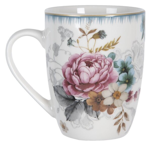 Veľký porcelánový hrnček s motívom kvetín a vtáčika Pivoine - 12 * 8 * 10 cm / 0,36 l - Clayre & Eef