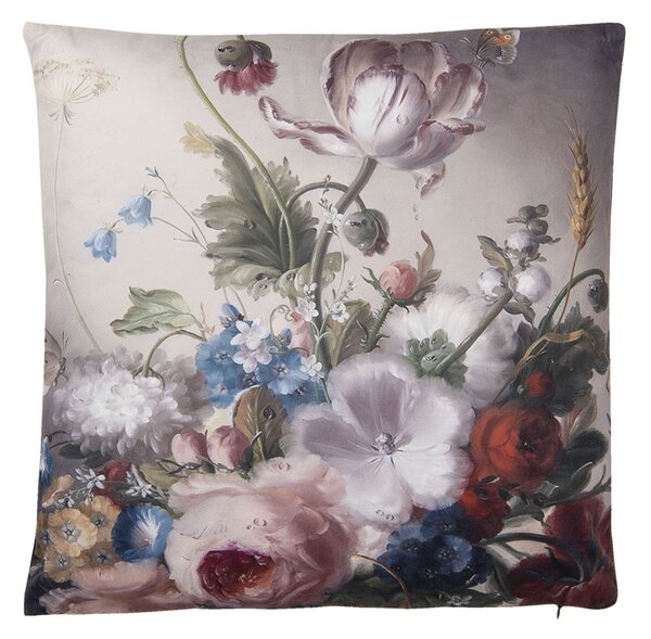 Šedivý vankúš s motívom tulipánov a pivoniek s výplňou - 45 * 45 cm - Clayre & Eef
