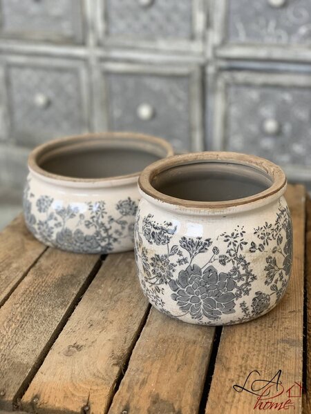 Keramický kvetináč se šedými kvety Valeria S - Ø 12*9 cm - Clayre & Eef