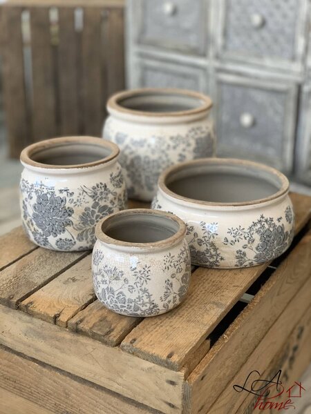 Keramický kvetináč se šedými kvety Valeria S - Ø 12*9 cm - Clayre & Eef