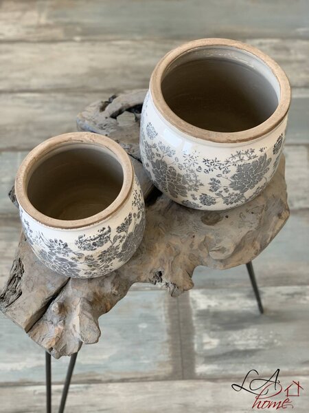 Keramický kvetináč se šedými kvety Valeria S - Ø 12*9 cm - Clayre & Eef