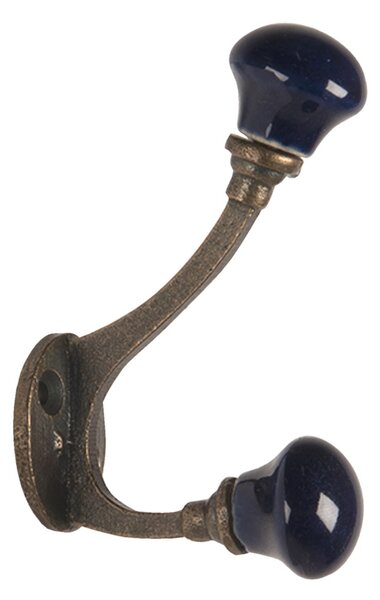 Nástenný kovový háčik s tmavo modrou knopka - 5 * 3 * 9 cm - Clayre & Eef