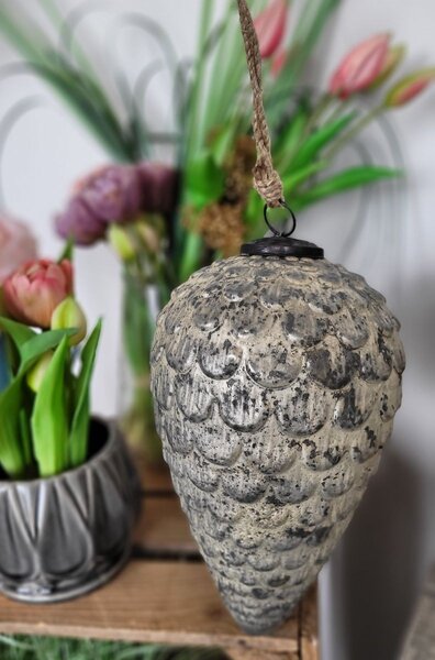 Šedo-strieborná anik sklenená vianočná ozdoba v tvare šišky XL - Ø 15*25 cm - Clayre & Eef