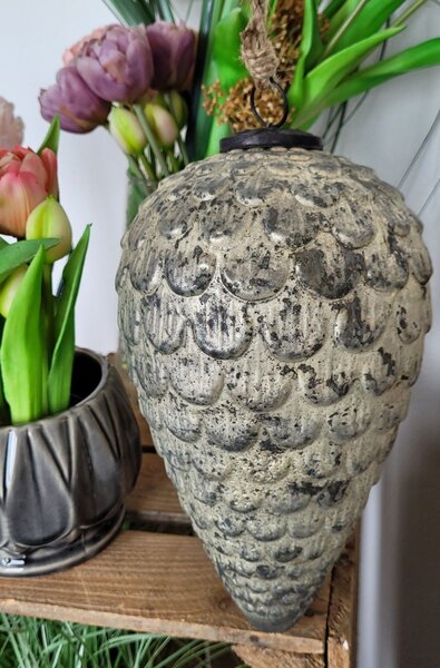 Šedo-strieborná anik sklenená vianočná ozdoba v tvare šišky XL - Ø 15*25 cm - Clayre & Eef