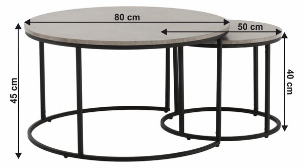 KONDELA Konferenčné stolíky, set 2 ks, betón/čierna, IKLIN