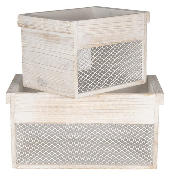 Drevený úložný box s bielou patinou (2 ks) - 18 * 18 * 12/15 * 15 * 11 cm - Clayre & Eef