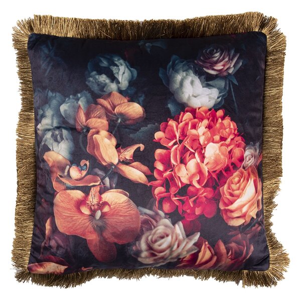 Čierny vankúš s motívom orchidejí a strapcami - 45 * 45 cm - Clayre & Eef
