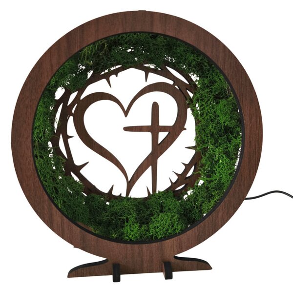 Drevená LED lampa s machom – Srdce a Kríž I SENTOP LED0582