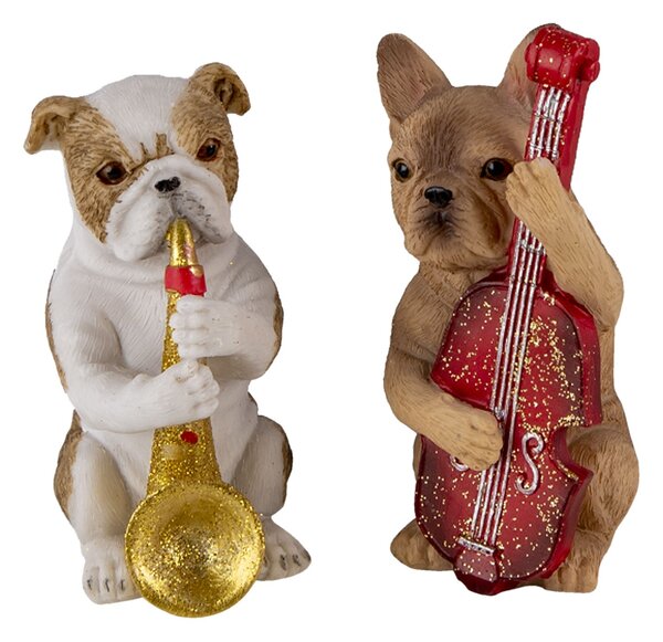 2ks Dekoratívne sošky psíkov s hudobnými nástrojmi - 14 * 6 * 10 cm - Clayre & Eef
