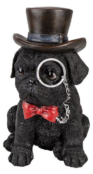 Dekoratívne soška čierneho psa s lupou a klobúkom - 13 * 9 * 17 cm - Clayre & Eef