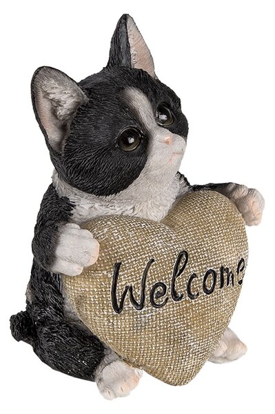 Dekoratívne soška mačiatka so srdcom Welcome - 12 * 9 * 15 cm - Clayre & Eef