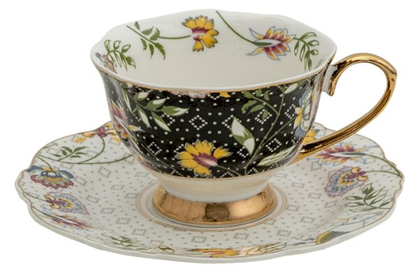 Porcelánová šálka s tanierikom Black Garden - 12*9*6 / Ø 15*2 cm / 200 ml - Clayre & Eef