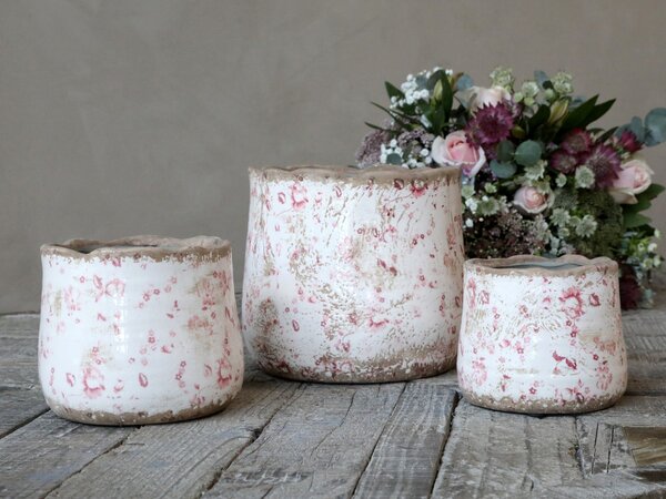 Keramický obal na kvetináč s ružovými kvietkami Floral Cannes - Ø13*12cm - Chic Antique