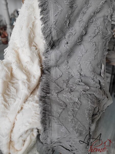 Slabučký béžový bavlnený pléd s třásňovitým vzorom Datta - 135 * 152 cm - Chic Antique