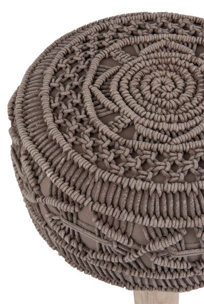 Bavlnený sedák macramé taupe na drevených nôžkach - Ø 40 * 30cm - J-Line by Jolipa