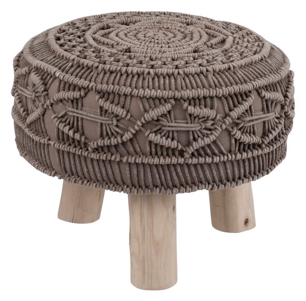 Bavlnený sedák macramé taupe na drevených nôžkach - Ø 40 * 30cm - J-Line by Jolipa