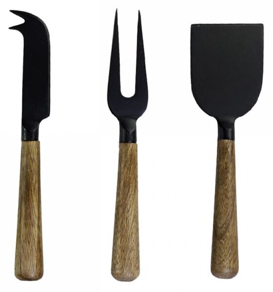 3ks čierna sada na syry s drevenou rukoväťou Cheese - 17cm - Chic Antique