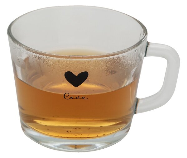 Sklenený hrnček s čiernym srdiečkom Love - 13*10*9 cm 450 ml - Clayre & Eef