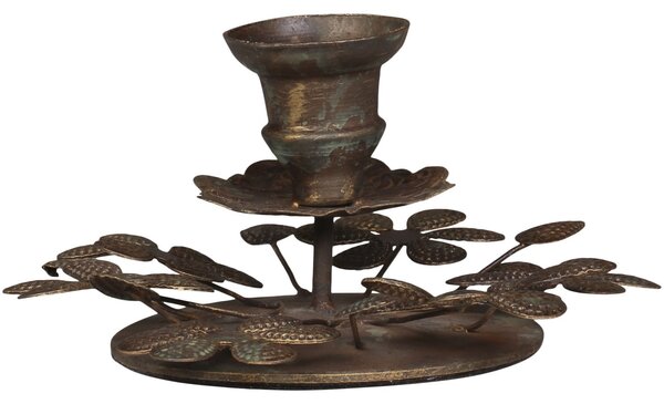 Mosadzný antik kovový svietnik s kvetmi na úzku sviečku - Ø 8,5*6,5cm - Chic Antique