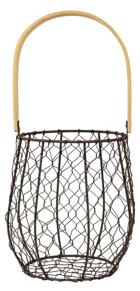 Hnedý drôtený košík s dreveným držadlom - Ø15*19/36 cm - Clayre & Eef