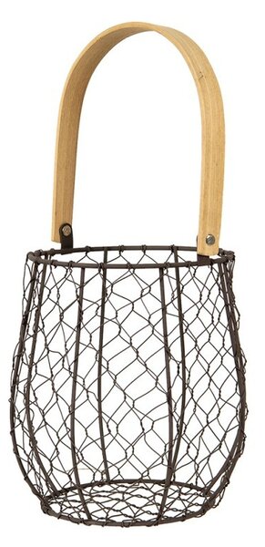 Hnedý drôtený košík s dreveným držadlom - Ø15*19/36 cm - Clayre & Eef
