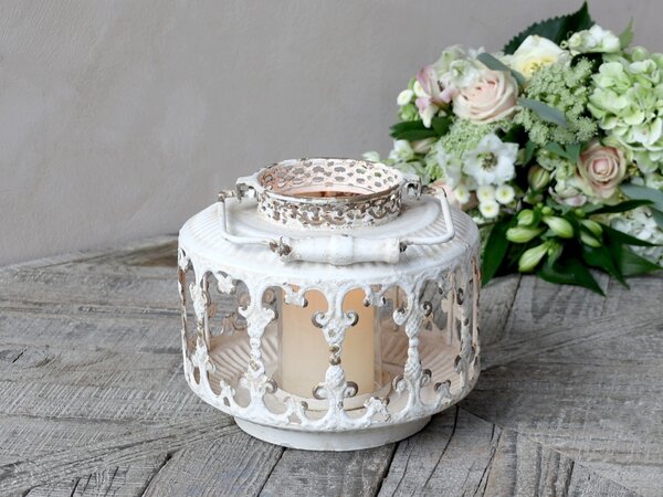 Krémová antik kovová lampáš Fleur-de-lis - Ø22 *20 cm - Chic Antique