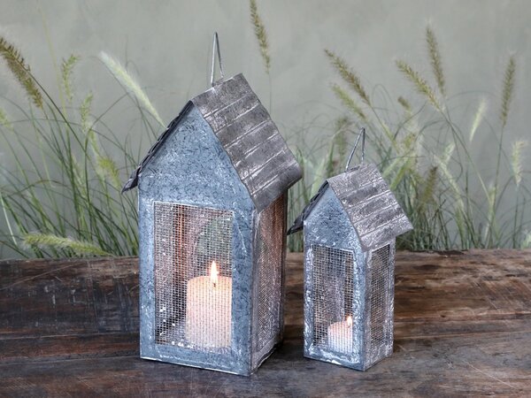 Sivá plechová antik lampáš domček Candle house - 8*6*16 cm - Chic Antique